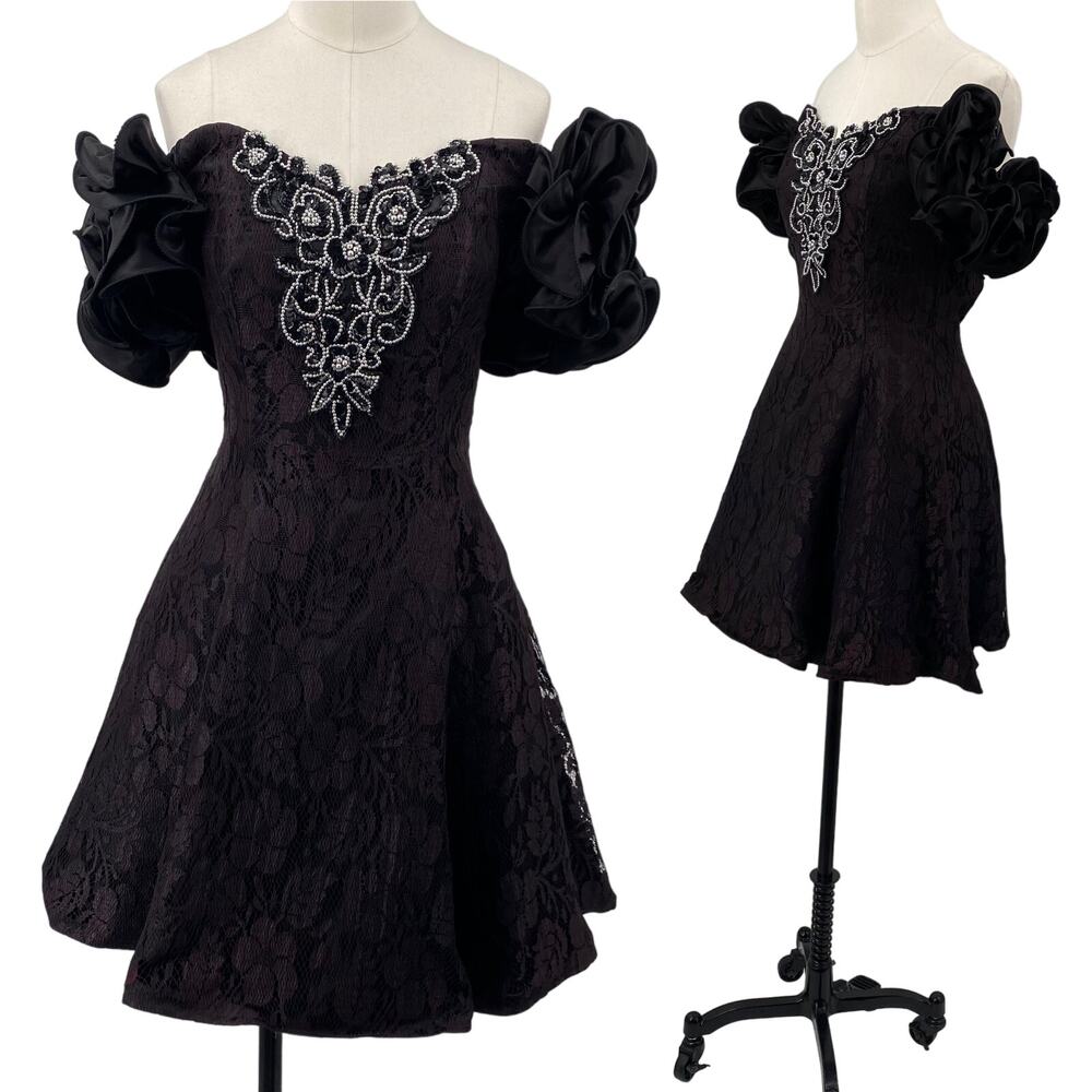 Vintage 80s Betsy & Adam Fit & Flare Lace Dress Beaded Sequin Puff Sleeve Black